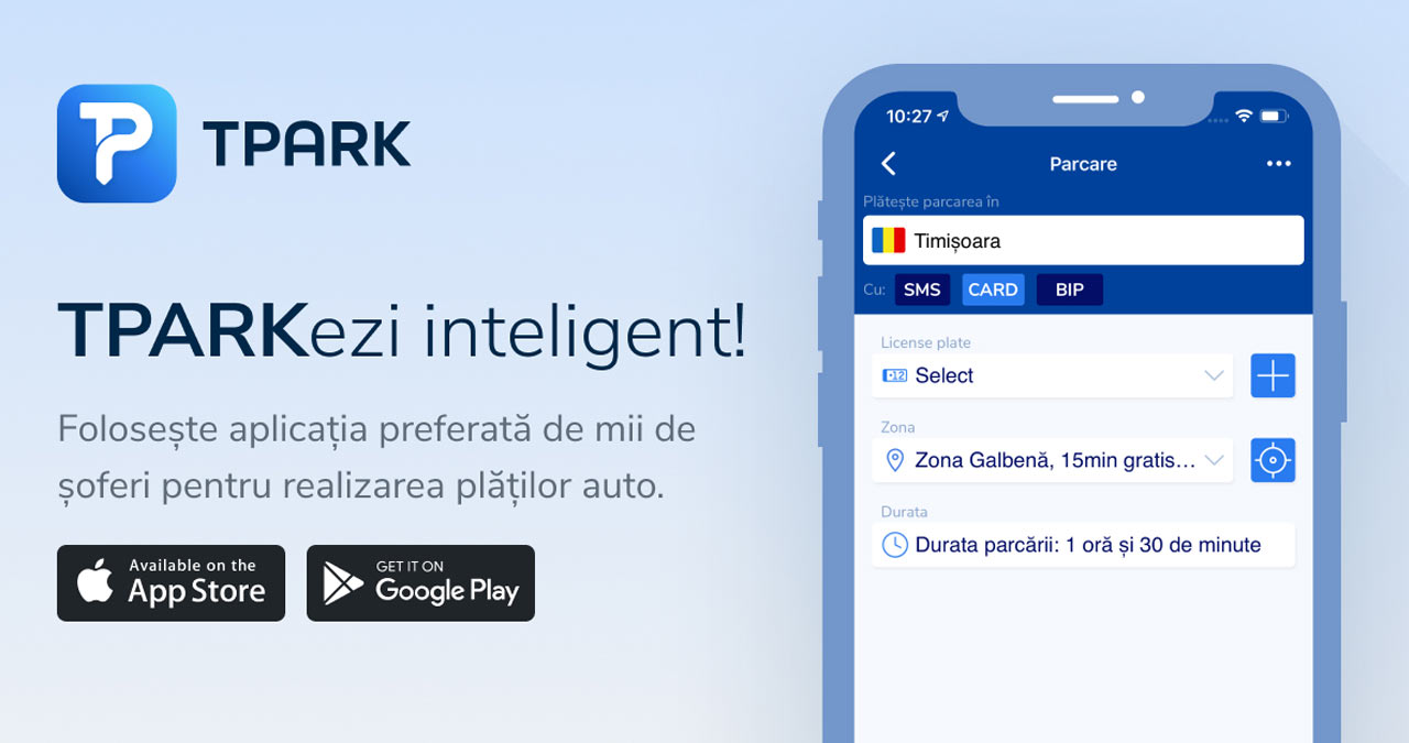 Șofer folosind aplicația TPARK pe smartphone pentru a plăti taxa de pod